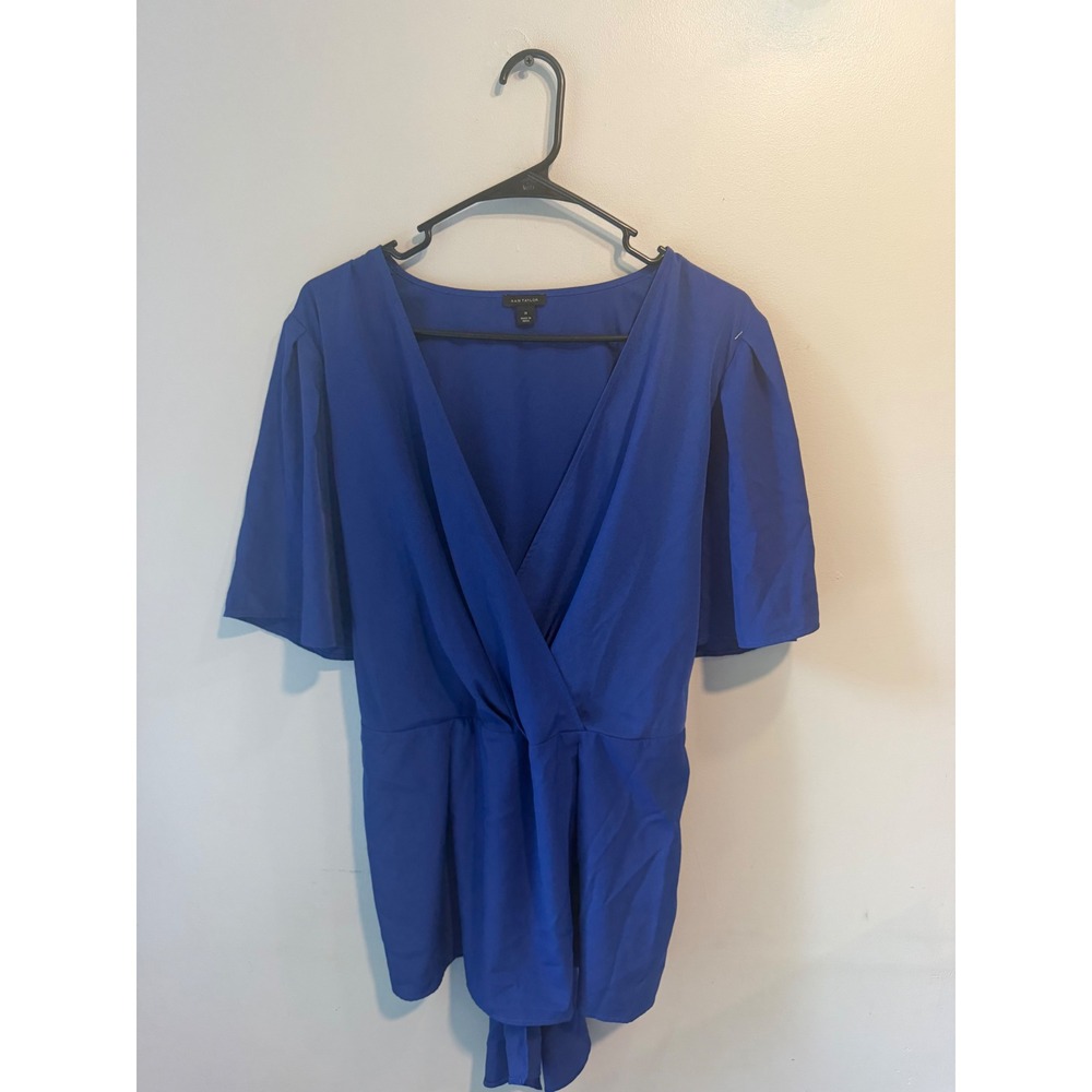 Ann Taylor Royal Blue V-Neck Wrap Blouse Short Flutter Sleeve Tie Back‎ Size 14